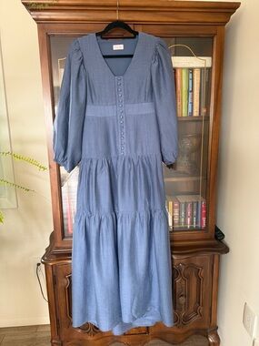 Pink Lily Dusty Blue Tiered Button-Front Maxi Dress